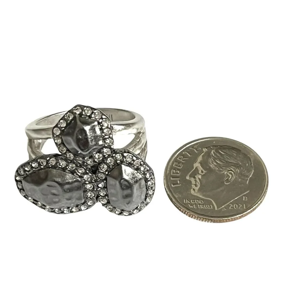 Lia Sophia Ring Milano Hammered Hematite Crystal Accents Silver Tone Size 6